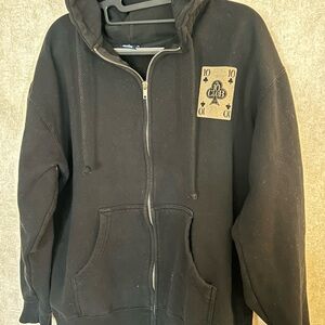 Black Zip-Up Hoodie with Playing Card Design